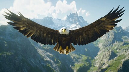 Obraz premium A majestic bald eagle soaring high above a mountain range, its wings fully extended