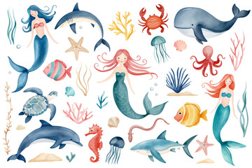 Watercolor marine animals. Water inhabitants. Cute mermaids, fishes, crab, octopus, dolphin. Hand drawn underwater sea life © Hanna ArtLab