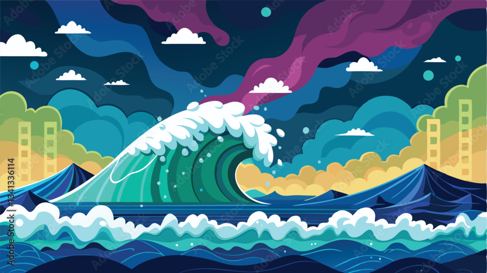Poster colorful ocean waves under a vibrant sunset with mountains in the background create a calm, serene a