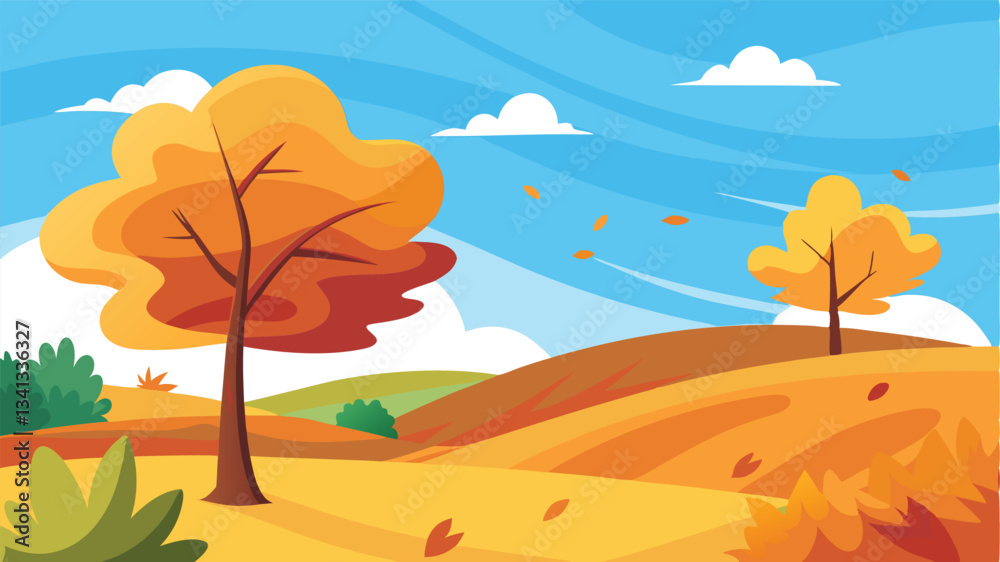 Aufkleber vibrant autumn landscape with trees and rolling hills in a colorful vector illustration featuring br