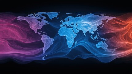 A vibrant, abstract illustration of a world map, featuring flowing colorful lines that represent connectivity and digital networks.