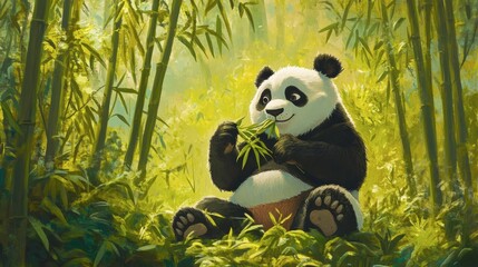 A panda bear peacefully munching on bamboo in a serene bamboo forest