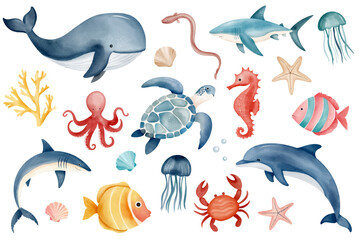 Watercolor whale, shark, seahorse, dolphin, eel, jellyfish, octopus. Cute marine animals. Hand drawn water inhabitants.