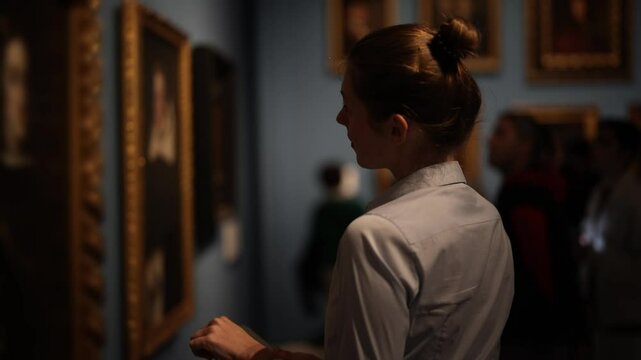 Visitor in historical museum looking at art object