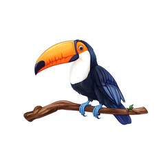 Vibrant of a toucan a tropical bird known for its distinctive large colorful beak perched on a wooden branch in a lush natural environment