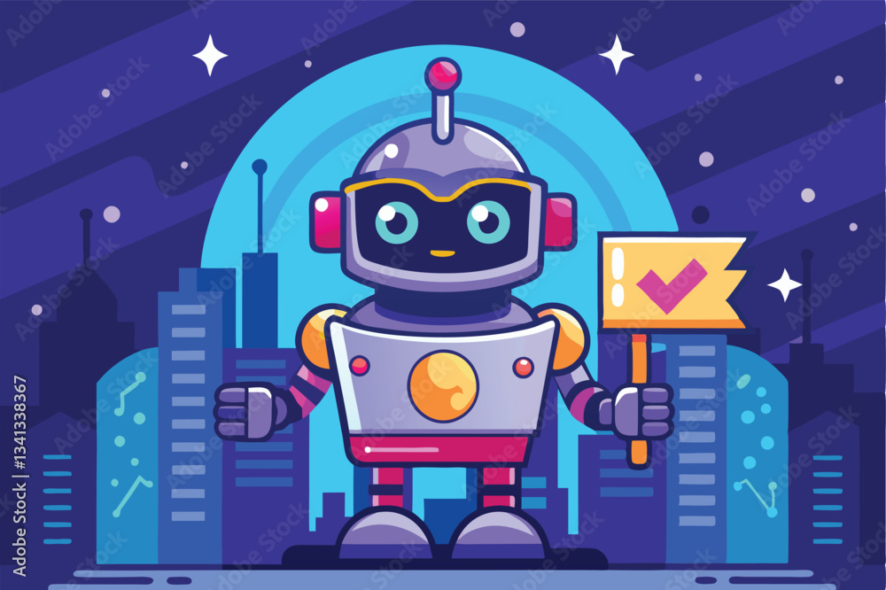Poster cheerful robot holding a banner in a colorful vector illustration featuring a starry night backgroun
