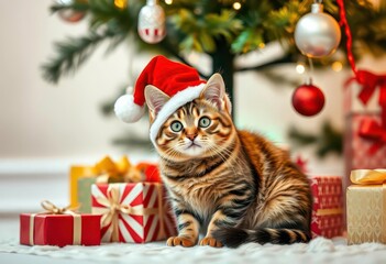 Obraz premium Cool tabby cat in Santa hat beside Christmas gifts under tree, Christmas tree, box
