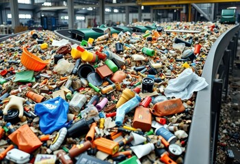 Conveyor belt overflowing with diverse waste materials at a recycling plant,  resource recovery, sustainability