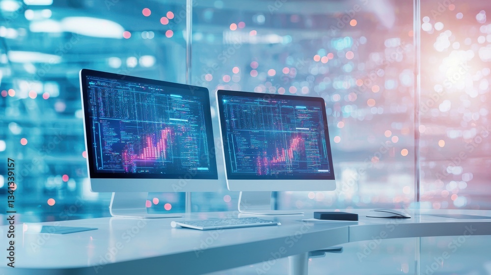 Poster modern office workspace with dual monitors displaying data analysis