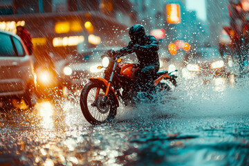A motorcyclist rides through a flooded city street in heavy rain, with cars and blurred lights in the background.
