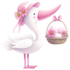 whimsical bird carrying basket of eggs, adorned with flowers and hat, evokes cheerful springtime vibe