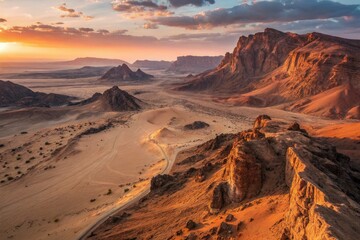 Fototapeta premium Wueste_003: Stunning desert vistaâ€”sand dunes and cliffs, revealed in spectacular drone photography.