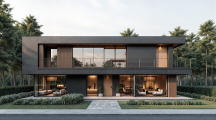 A large black house with a large front porch