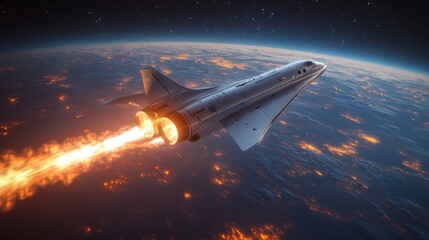 Obraz premium A futuristic spaceplane utilizes advanced electromagnetic propulsion to achieve hypersonic speeds, soaring above Earth's atmosphere amidst glowing city lights.