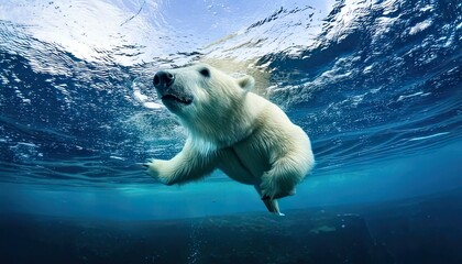 Graceful polar bear swims underwater in icy depths, showcasing its power and beauty