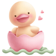 cute duckling happily floating in pink egg, surrounded by gentle waves and hearts, radiating joy and warmth