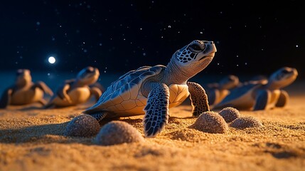 Obraz premium Sea Turtles Hatchlings Emerging at Night on a Sandy Beach