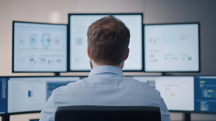 Professional man working with multiple computer screens in office
