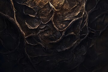 Dark, textured image resembling gnarled roots or volcanic rock, with deep shadows and subtle light.