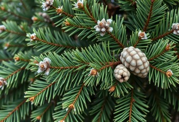 Fototapeta premium Deep green pine branches with fresh needles, cones, and frosted tips, greenery, branches