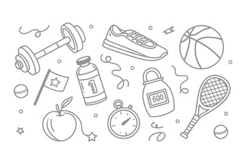 Hand Drawn Sport and Gym Equipment Sketch Icon Set. Doodle Illustrations of Tennis Ball, Water Bottle, Dumbbell, and Fitness Gear. Vector Icons Illustration Background.