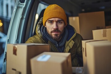 a delivery man sits in the back of a van filled with packages