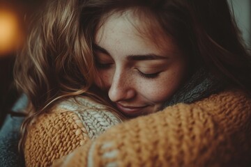 a close-up portrait of a woman with closed eyes, embracing herself with a warm expression