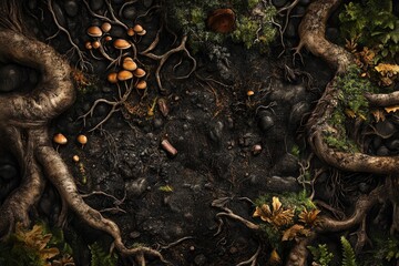 Dark forest floor with exposed tree roots, mushrooms, and autumn leaves.