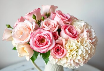 Delicate pastel roses and hydrangeas arranged in a vintage vase, beautiful, floral design