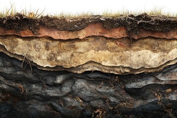 Cross-section of soil layers revealing topsoil, subsoil, and bedrock with plant roots and small debris.