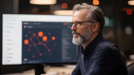 A focused man reviews data on a computer screen, showcasing a modern workspace with vibrant visualizations and a professional atmosphere.