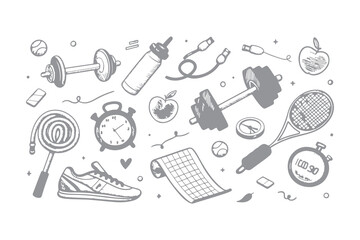 Hand Drawn Sport and Gym Equipment Sketch Icon Set. Doodle Illustrations of Tennis Ball, Water Bottle, Dumbbell, and Fitness Gear. Vector Icons Illustration Background.
