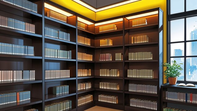 A corporate library corner with dark brown shelves filled with books warm yellow lighting and a quiet reading atmosphere on manga design illustration background