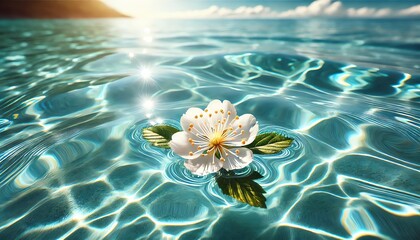A serene and tranquil scene of a single water hawthorn flower floating gently on the surface of crystal-clear turquoise water