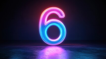 Vibrant blue to purple neon number 6 shining in black darkness