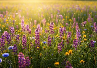 Obraz premium A field of colorful wildflowers bathed in warm sunlight.