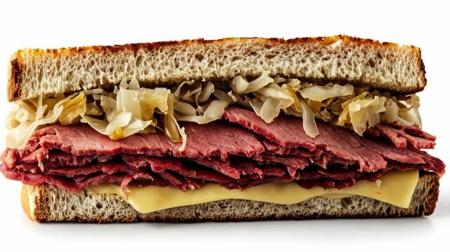 Classic deli sandwich with layers of corned beef, sauerkraut, and cheese served on rye bread