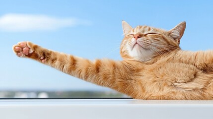 Happy Ginger Cat Stretching on Windowsill
