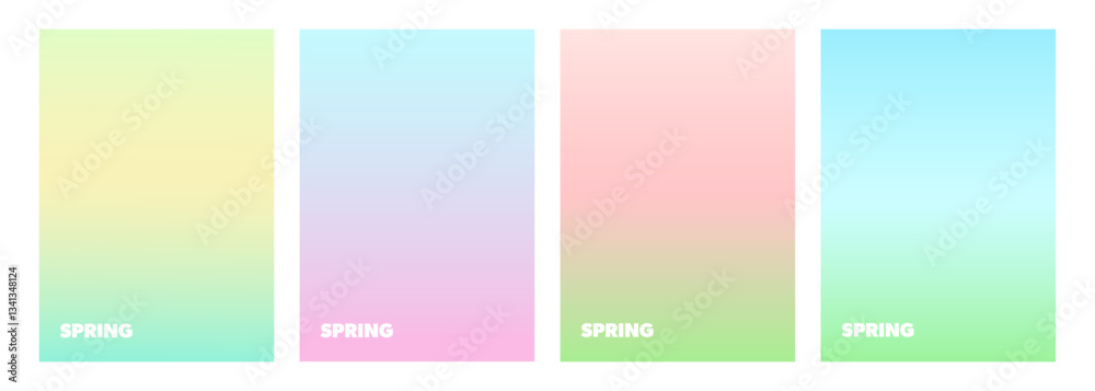 Poster spring theme backgrounds bright color gradients. set of graphic templates for creative springtime se