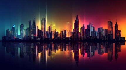Obraz premium A vibrant city skyline at dusk, reflecting colorful lights on water.