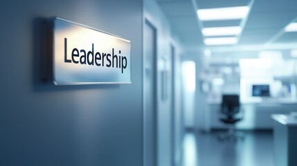 Illuminated 'Leadership' sign on a wall in a modern office, symbolizing direction. Ideal for corporate communications, training materials, and HR initiatives.