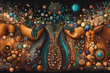 Obraz premium A vibrant microscopic world teeming with diverse organisms and intricate textures, showcasing a captivating blend of colors and forms.