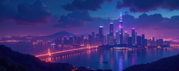 Fototapeta premium Mystical city skyline, vibrant night illumination, night, urban, bright