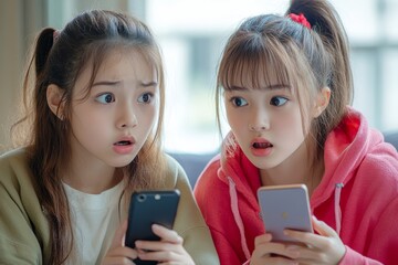 Two young girls react in shock while looking at their phones, sharing a moment of surprise. Their expressions convey concern and bewilderment