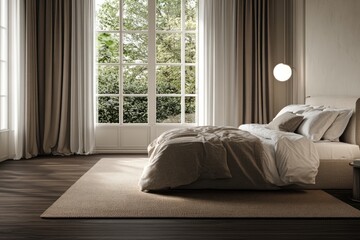 A cozy bedroom interior with a large window and soft textiles
