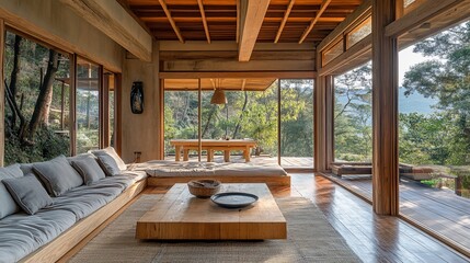 Serene Wooden Villa Living Room with Nature Views and Natural Light
