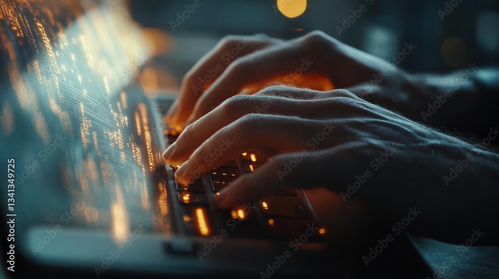 Wall mural hands type code on glowing laptop keyboard for software development