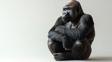 Obraz premium Contemplative Gorilla - Majestic ape sitting with arms crossed in profound pondering on white background. Detailed full-shot of thoughtful primate.