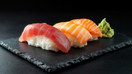 Assorted nigiri sushi on a black slate plate, representing culinary artistry and healthy eating. Great for restaurant menus, food blogs, and culinary presentations.