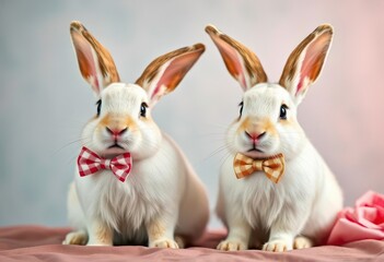 Fototapeta premium Elegant rabbits in bow tie, wedding attire, honeymoon setting, partnership, garden